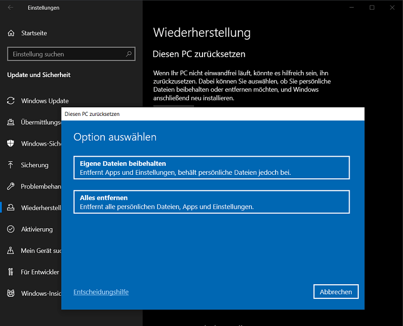 Reinstallare Windows in Impostazioni, rimuovendo tutti i file e i programmi