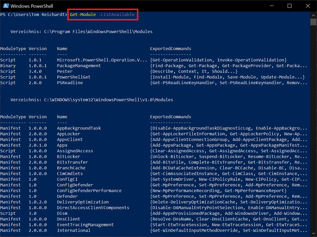 Visualizza i moduli disponibili in Windows PowerShell