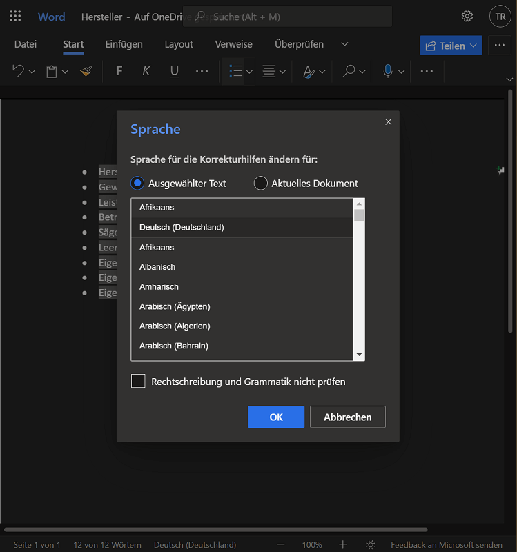 Cambiare la lingua in Word Online