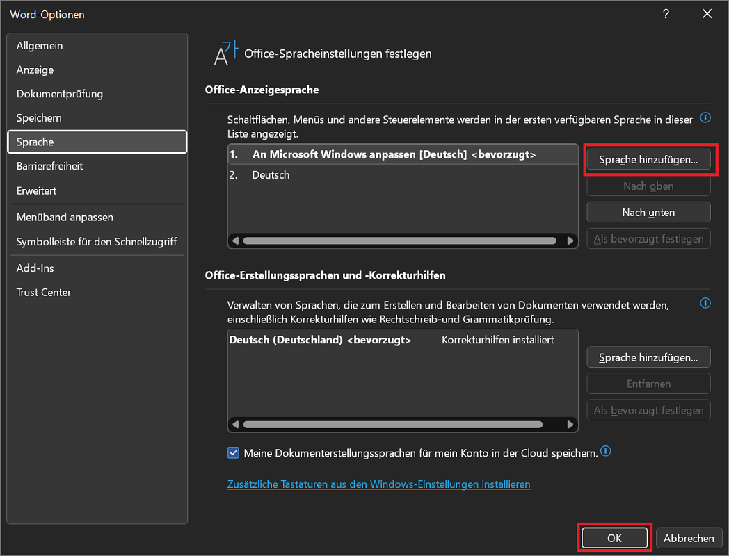 Cambia la lingua nelle opzioni di Word
