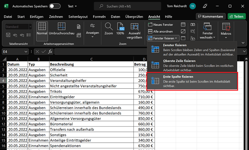 Blocca la riga in Excel