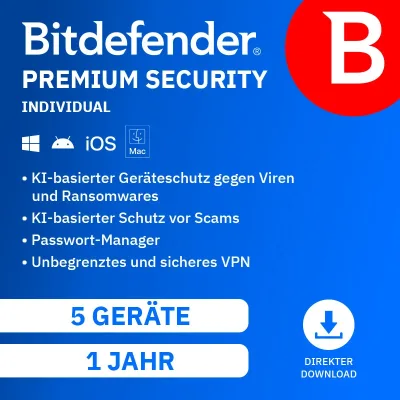 Bitdefender Premium Security Individual | 5 dispositivi | 1 anno