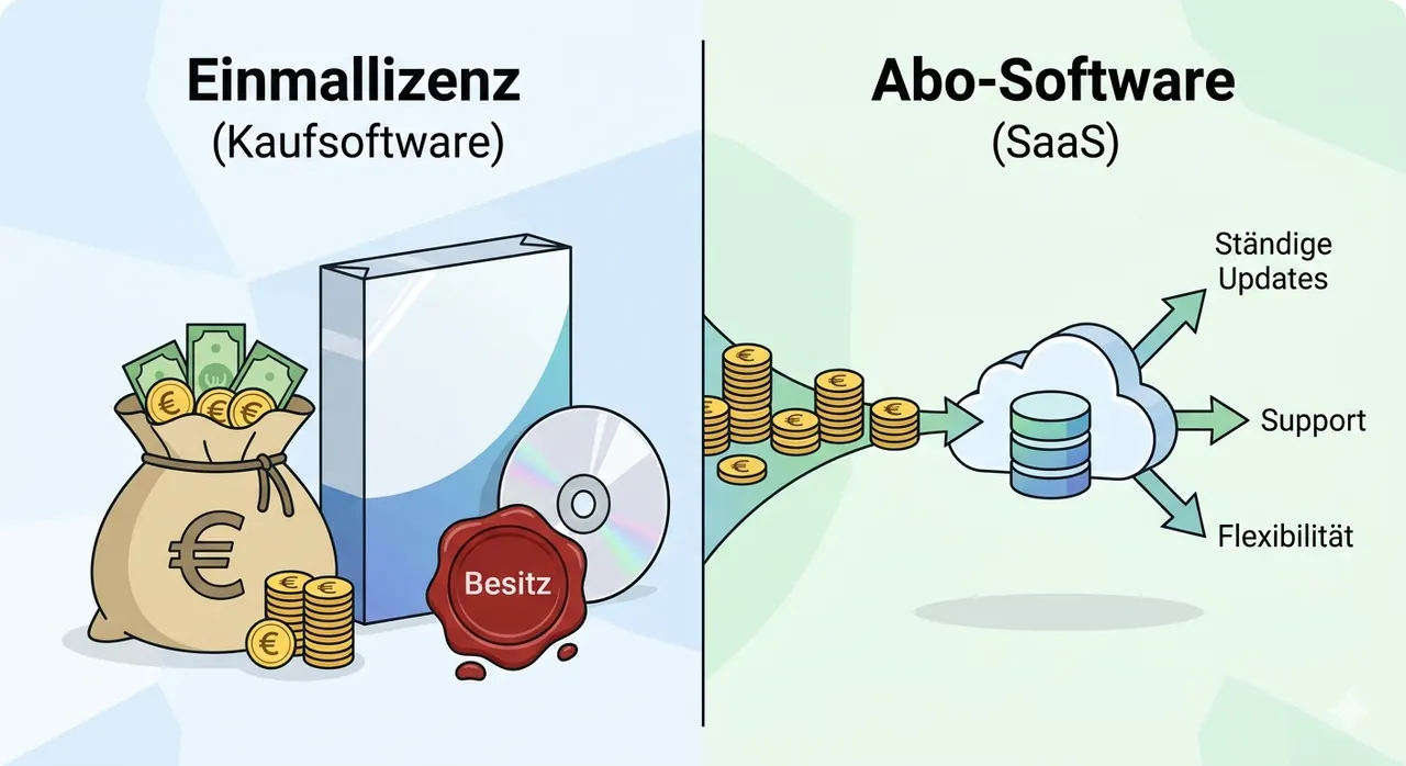 Illustrazione vettoriale minimalista: software con licenza una tantum (sacchetto di euro, sigillo "proprietà") rispetto ai vantaggi del software in abbonamento (cloud, aggiornamenti delle frecce e flessibilità)