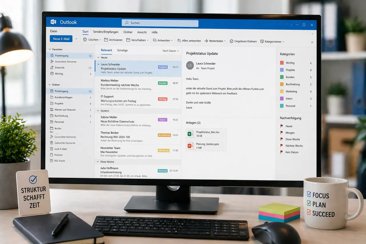 Posta in arrivo strutturata di Outlook con categorie colorate e cartelle cancellate